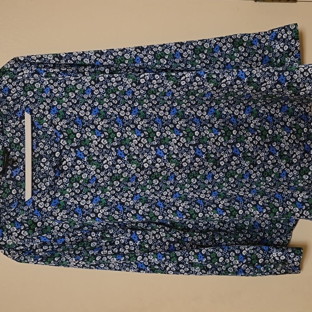 Banana Republic Navy Blue Green Floral Blouse Tulip Hem Career Top Shirt XL